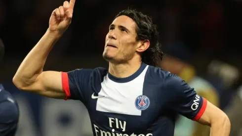PARIS, FRANCE - MARCH 2: Edinson Cavani of PSG celebrates his goal during the Ligue 1 match between Paris Saint-Germain FC and Olympique de Marseille at Parc des Princes stadium on March 2, 2014 in Paris, France. (Photo by John Berry/Getty Images)