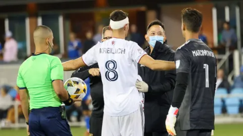 September 15, 2021, San Jose, California, U.S: Real Salt Lake Midfielder DAMIR KREILACH 8 takes the concussion protocol on field test from the Real Salt Lake Medical staff during the MLS, Fussball Herren, USA match between the San Jose Earthquakes and Real Salt Lake at PayPal Park in San Jose, California San Jose U.S. - ZUMAm132 20210915_zap_m132_067 Copyright: xJeffxMulvihillxJr.x