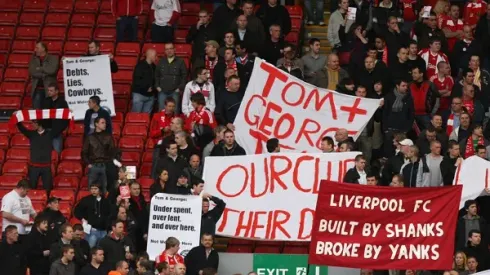 Liverpool fans protest agains co-owners Tom Hicks and George Gillett in the stands