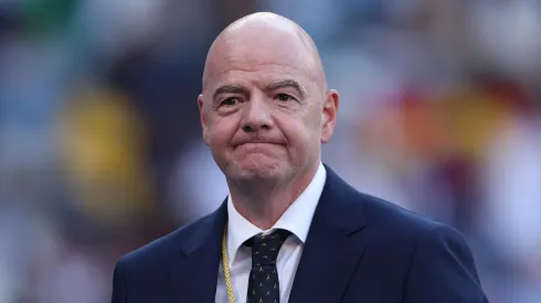 Gianni Infantino, President of FIFA, reacts during the Women's Football medal ceremony following the Women's Gold Medal match between Brazil and United States of America during the Olympic Games Paris 2024 at Parc des Princes on August 10, 2024 in Paris, France.