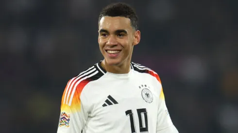 Jamal Musiala of Germany reacts during the UEFA Nations League 2024/25 League A Group A3 match between Germany and Bosnia and Herzegovina at the Europa-Park Stadion on November 16, 2024 in Freiburg im Breisgau, Germany.