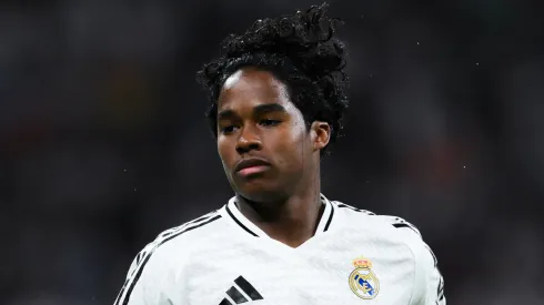 Endrick of Real Madrid looks on during the LaLiga match between Real Madrid CF and RCD Espanyol de Barcelona at Estadio Santiago Bernabeu on September 21, 2024 in Madrid, Spain.