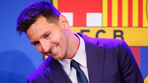 Lionel Messi of FC Barcelona faces the media during a press conference at Nou Camp on August 08, 2021 in Barcelona, Spain.