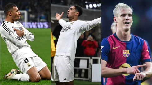 Kylian Mbappe, Jude Bellingham, and Dani Olmo with their trademarked celebrations.