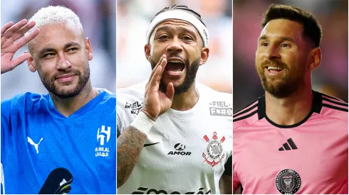 Neymar (lefT). Memphis Depay (center), and Lionel Messi (right)