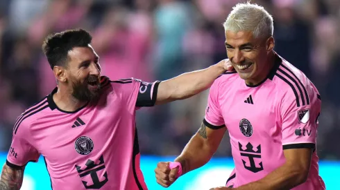 Luis Suárez #9 of Inter Miami celebrates a goal with Lionel Messi #10 during the first half against the Atlanta United during round one of the 2024 MLS Playoffs at Chase Stadium on October 25, 2024 in Fort Lauderdale, Florida.