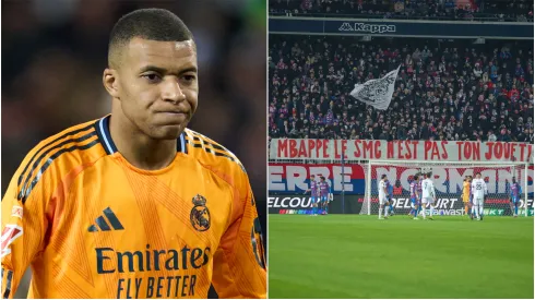 Kylian Mbappe (left) and Caen fans' banner (right)