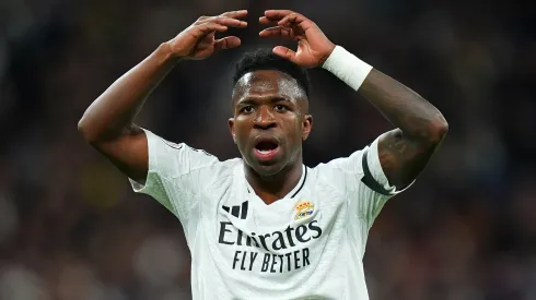 Vinicius Junior of Real Madrid reacts during the Copa Del Rey match between Real Madrid and Celta de Vigo at Estadio Santiago Bernabeu on January 16, 2025 in Madrid, Spain.