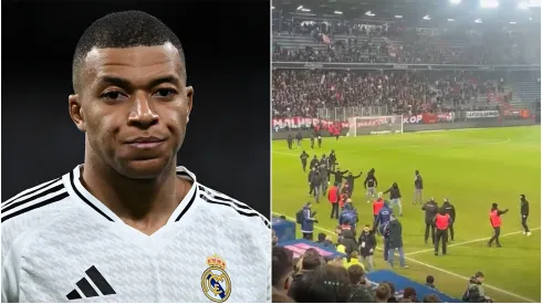 Kylian Mbappe (left) and Caen fans (right)