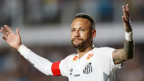 Neymar of Santos celebrates after scoring the team´s first goal during a match between Santos and Agua Santa as part of Campeonato Paulista 2025 at Urbano Caldeira Stadium (Vila Belmiro) on February 16, 2025 in Santos, Brazil.