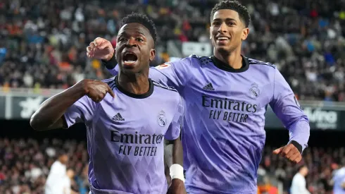 Vinicius Junior of Real Madrid celebrates scoring his team's second goal with teammate Jude Bellingham during the LaLiga EA Sports match between Valencia CF and Real Madrid CF at Estadio Mestalla on March 02, 2024 in Valencia, Spain.