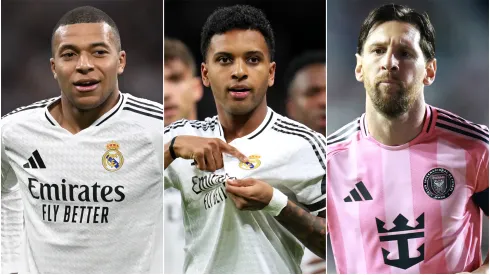 Kylian Mbappe (left), Rodrygo (center) and Lionel Messi (right)