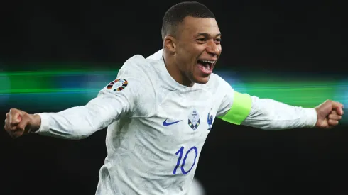 Kylian Mbappe of France celebrates after teammate Benjamin Pavard scores the team's first goal scoring the team's first goal during the UEFA EURO 2024 qualifying round group B match between Republic of Ireland and France at Dublin Arena on March 27, 2023 in Dublin, Ireland.