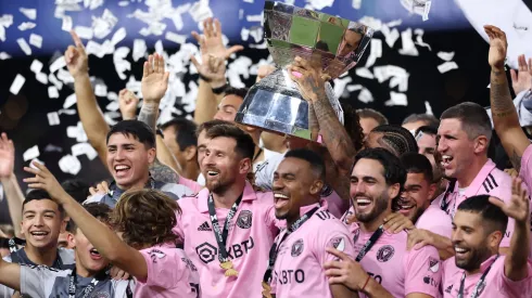 Lionel Messi #10 of Inter Miami hoist the trophy with his teammates after defeating the Nashville SC to win the Leagues Cup 2023 final match between Inter Miami CF and Nashville SC at GEODIS Park on August 19, 2023 in Nashville, Tennessee.