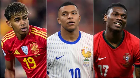 Lamine Yamal (left), Kylian Mbappe (center) and Rafael Leao (right)