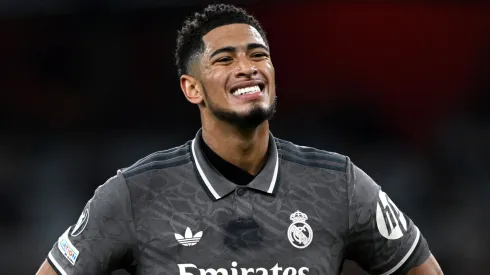 Jude Bellingham of Real Madrid reacts during the UEFA Champions League 2024/25 Quarter Final First Leg match between Arsenal FC and Real Madrid C.F. at Emirates Stadium on April 08, 2025 in London, England.