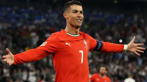 Cristiano Ronaldo of Portugal gestures after scoring his team's second goal during the UEFA Nations League 2025 semifinal match between Germany and Portugal at Munich Football Arena on June 04, 2025 in Munich, Germany.