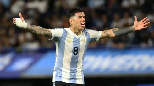 Enzo Fernández of Argentina reacts during the South American FIFA World Cup 2026 Qualifier match between Argentina and Peru at Estadio Alberto J. Armando on November 19, 2024 in Buenos Aires, Argentina.