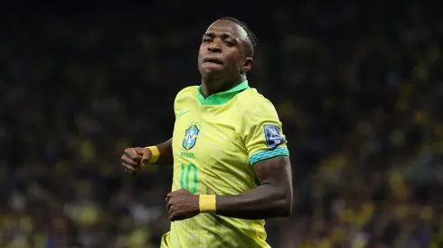 Vinicius Junior celebrates his goal against Paraguay.