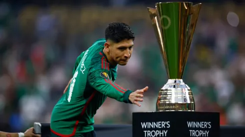 Edson Alvarez #4 of Mexico with the Concacaf Gold Cup trophy after the final match between Mexico and Panama at SoFi Stadium on July 16, 2023.