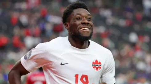 Alphonso Davies #19 of Canada reacts after scoring a goal against Panama in the second half of their game during the 2023 CONCACAF Nations League semifinals at Allegiant Stadium on June 15, 2023 in Las Vegas, Nevada. Canada defeated Panama 2-0.