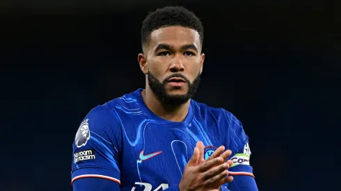Reece James of Chelsea applauds the fans following the Premier League match between Chelsea FC and Manchester United FC at Stamford Bridge on May 16, 2025 in London, England.