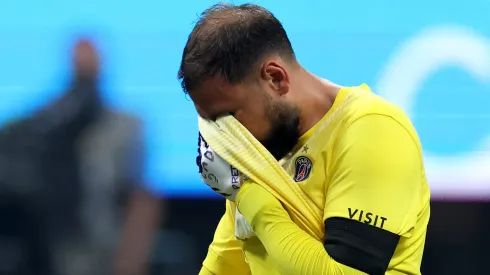 Gianluigi Donnarumma #1 of Paris Saint-Germain reacts after colliding with Jamal Musiala #42 of FC Bayern Munchen during the FIFA Club World Cup 2025 quarter-final match between Paris Saint-Germain and FC Bayern München at Mercedes-Benz Stadium on July 05, 2025 in Atlanta, Georgia.