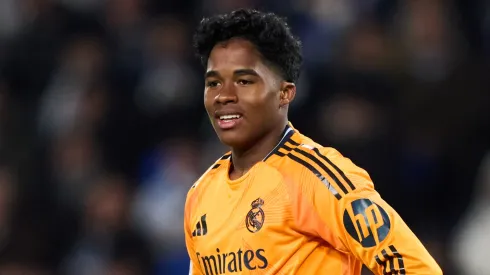 Endrick Felipe of Real Madrid reacts during the Copa del Rey Semi Final match between Real Sociedad and Real Madrid at Reale Arena on February 26, 2025 in San Sebastian, Spain.