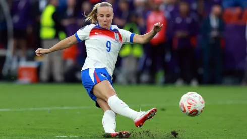 Beth Mead of England slips and scores a penalty kick, before having to retake it due to a double touch which she misses during the UEFA Women's EURO 2025 Final match between England and Spain at St. Jakob-Park on July 27, 2025 in Basel, Switzerland.