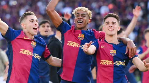 Fermin Lopez, Lamine Yamal and Gavi celebrate after the 4-3 victory in the LaLiga match between Barcelona and Real Madrid on May 11, 2025.