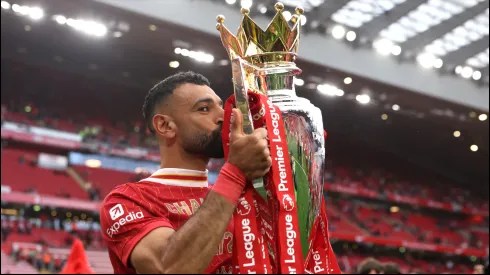 Mohamed Salah kisses the Premier League trophy, as Liverpool are crowned the champions of the Premier League for the 2024/25 season.