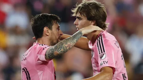 Lionel Messi #10 of Inter Miami CF celebrates after scoring a goal with teammate Benjamin Cremaschi #30.