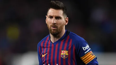 Lionel Messi of FC Barcelona looks on during the La Liga match between FC Barcelona and Real Sociedad at Camp Nou on April 20, 2019 in Barcelona, Spain.