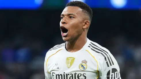 Kylian Mbappe of Real Madrid celebrates scoring his team's second goal from the penalty spot during the UEFA Champions League 2025/26 match vs Olympique de Marseille.