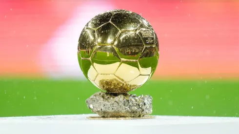 A detailed view of the Ballon d'Or trophy prior to the LaLiga Santander match between Real Madrid CF and Sevilla FC at Estadio Santiago Bernabeu on October 22, 2022 in Madrid, Spain.