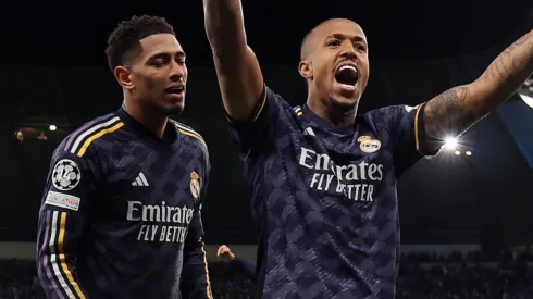 Jude Bellingham and Eder Militao of Real Madrid celebrate a victory.