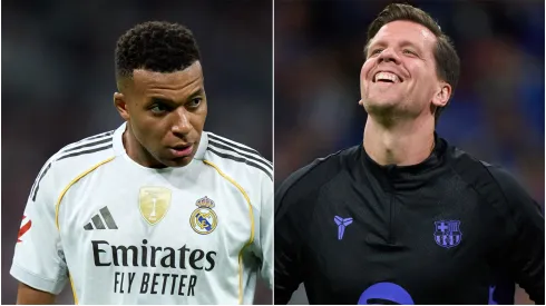 Kylian Mbappe of Real Madrid and Wojciech Szczesny of Barcelona.