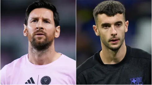 Lionel Messi #10 of Inter Miami CF and Joan Garcia of FC Barcelona.