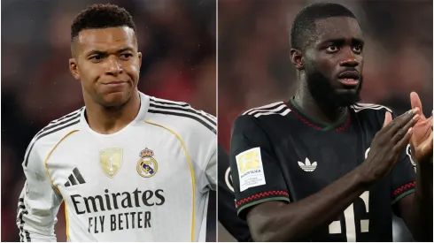 Kylian Mbappe of Real Madrid and Dayot Upamecano of Bayern Munich.