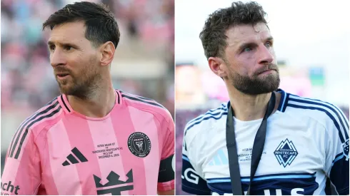 Lionel Messi #10 of Inter Miami CF and Thomas Müller #13 of the Vancouver Whitecaps FC.