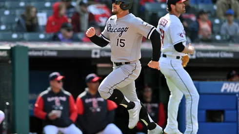 CLEVELAND, OHIO - APRIL 20: Adam Engel #15 of the Chicago White Sox scores on a double by Tim Anderson #7 during the sixth inning of game one of a doubleheader at Progressive Field on April 20, 2022 in Cleveland, Ohio. (Photo by Jason Miller/Getty Images)