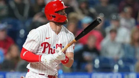 PHILADELPHIA, PA - APRIL 22: Bryce Harper #3 of the Philadelphia Phillies bats against the Milwaukee Brewers at Citizens Bank Park on April 22, 2022 in Philadelphia, Pennsylvania. The Philadelphia Phillies defeated the Milwaukee Brewers 4-2. (Photo by Mitchell Leff/Getty Images)