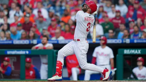 PHILADELPHIA, PA - MAY 03: Bryce Harper #3 of the Philadelphia Phillies bats against the Texas Rangers at Citizens Bank Park on May 3, 2022 in Philadelphia, Pennsylvania. The Rangers defeated the Phillies 6-4. (Photo by Mitchell Leff/Getty Images)