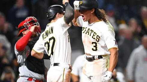 PITTSBURGH, PA - OCTOBER 01: Cole Tucker #3 of the Pittsburgh Pirates celebrates his grand slam with Kevin Newman #27 during the eighth inning against the Cincinnati Reds at PNC Park on October 1, 2021 in Pittsburgh, Pennsylvania. (Photo by Joe Sargent/Getty Images)