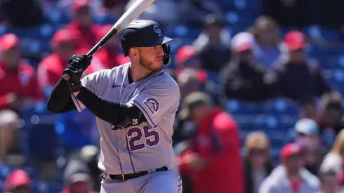 PHILADELPHIA, PA - APRIL 28: C.J. Cron #25 of the Colorado Rockies bats against the Philadelphia Phillies at Citizens Bank Park on April 28, 2022 in Philadelphia, Pennsylvania. The Phillies defeated the Rockies 7-1. (Photo by Mitchell Leff/Getty Images)