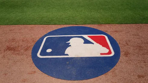 CLEARWATER, FLORIDA - MARCH 19: A general view of the MLB logo on a batting circle prior to the Spring Training game between the Philadelphia Phillies and Toronto Blue Jays at BayCare Ballpark on March 19, 2022 in Clearwater, Florida. (Photo by Mark Brown/Getty Images)