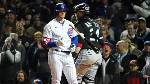 CHICAGO, ILLINOIS - MAY 04: Ian Happ #8 of the Chicago Cubs throws his bat after striking out during the eighth inning of a game against the Chicago White Sox at Wrigley Field on May 04, 2022 in Chicago, Illinois. (Photo by Nuccio DiNuzzo/Getty Images)