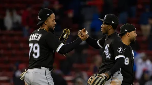 BOSTON, MA - MAY 7: Jose Abreu #79 celebrates a win after the final out of the game with teammate Tim Anderson #7 of the Chicago White Sox against the Boston Red Sox at Fenway Park on May 7, 2022 in Boston, Massachusetts. The White Sox won 3-1 in 10 innings. (Photo by Rich Gagnon/Getty Images)