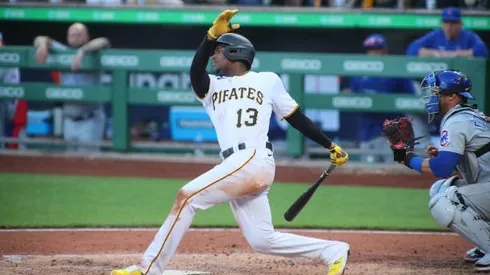 PITTSBURGH, PA - APRIL 12: Ke'Bryan Hayes #13 of the Pittsburgh Pirates bats during the eighth inning against the Chicago Cubs on April 12, 2022 at PNC Park in Pittsburgh, PA. (Photo by Michael Longo/Icon Sportswire via Getty Images)