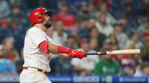 PHILADELPHIA, PA - MAY 04: Kyle Schwarber #12 of the Philadelphia Phillies bats against the Texas Rangers at Citizens Bank Park on May 4, 2022 in Philadelphia, Pennsylvania. (Photo by Mitchell Leff/Getty Images)
